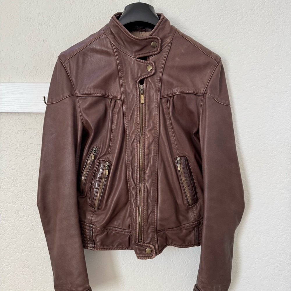 Cole Haan Real Leather Dark Brown Bomber Jacket